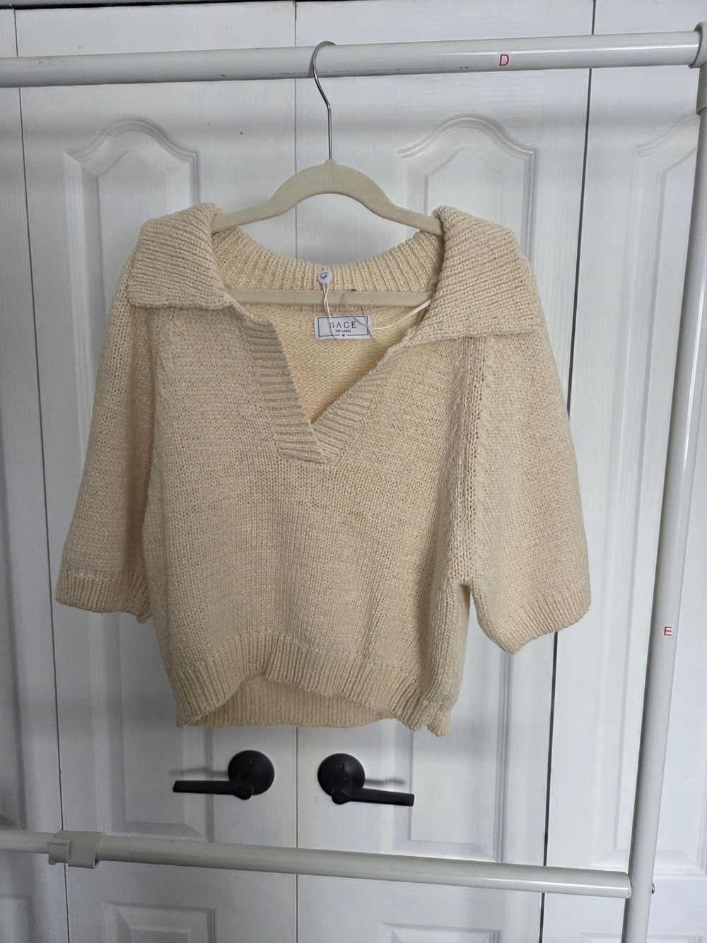 Sage Cream Collared V-Neck Short Sleeve Knit Sweater